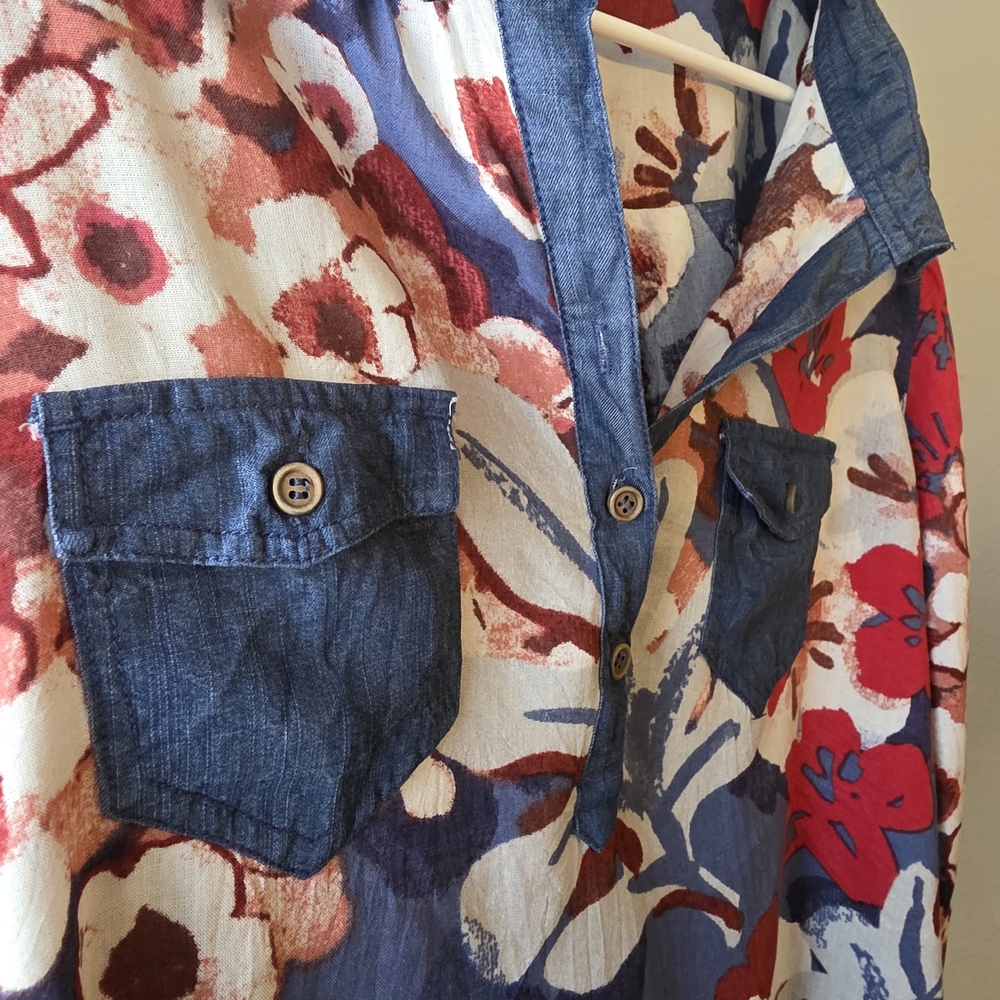 John Mark Floral Denim Blouse - Red, Blue, White - Picture 2 of 10